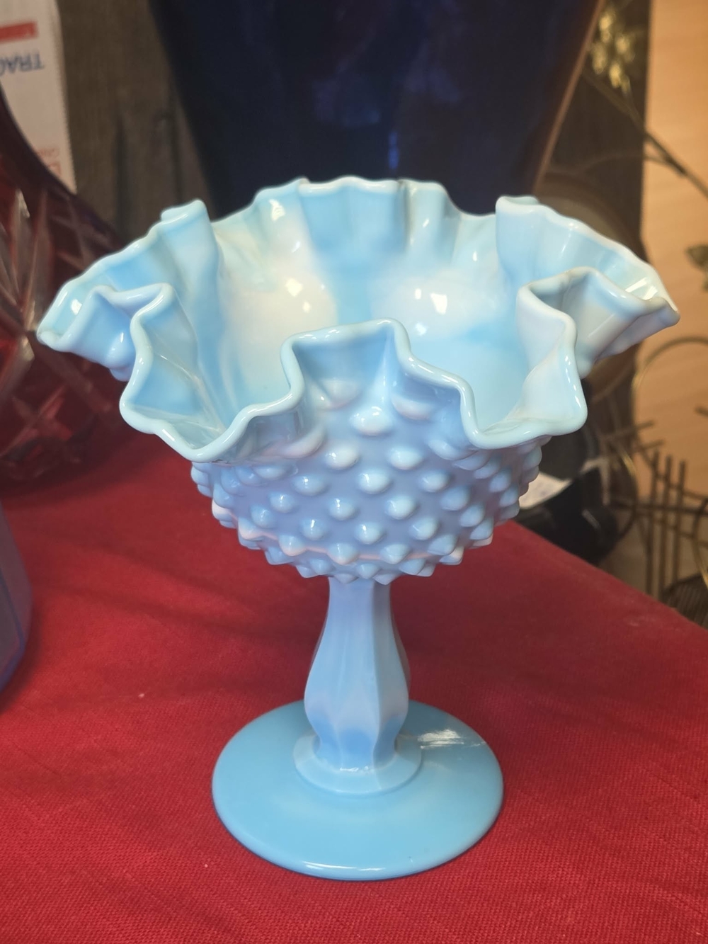 VTG Fenton Ruffled Compote Hobnail Turquoise Blue Milk Glass Pedestal Candy Dish